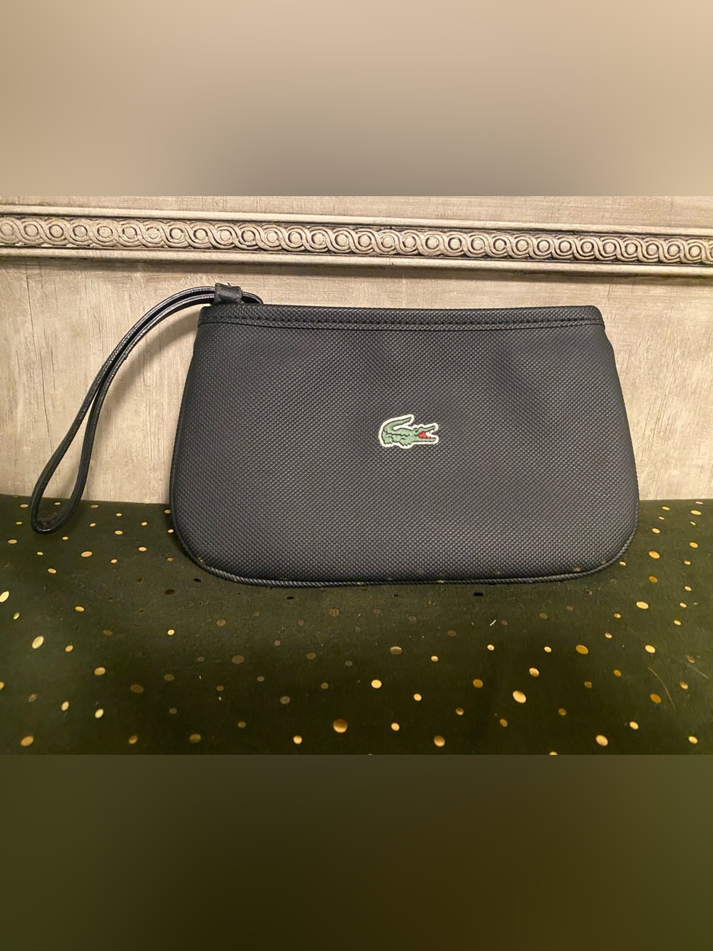 EUC Lacoste Black Piqué Wristlet Pouch with Green Crocodile Logo